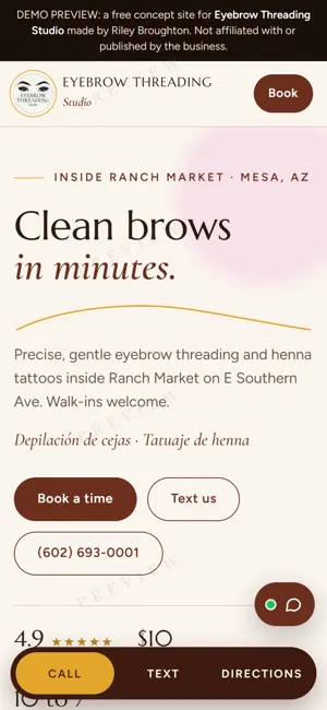 Eyebrow Threading Studio phone view