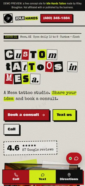 Idle Hands Tattoo phone view