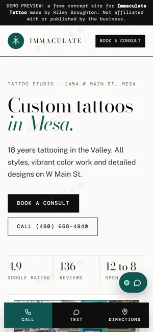 Immaculate Tattoo phone view