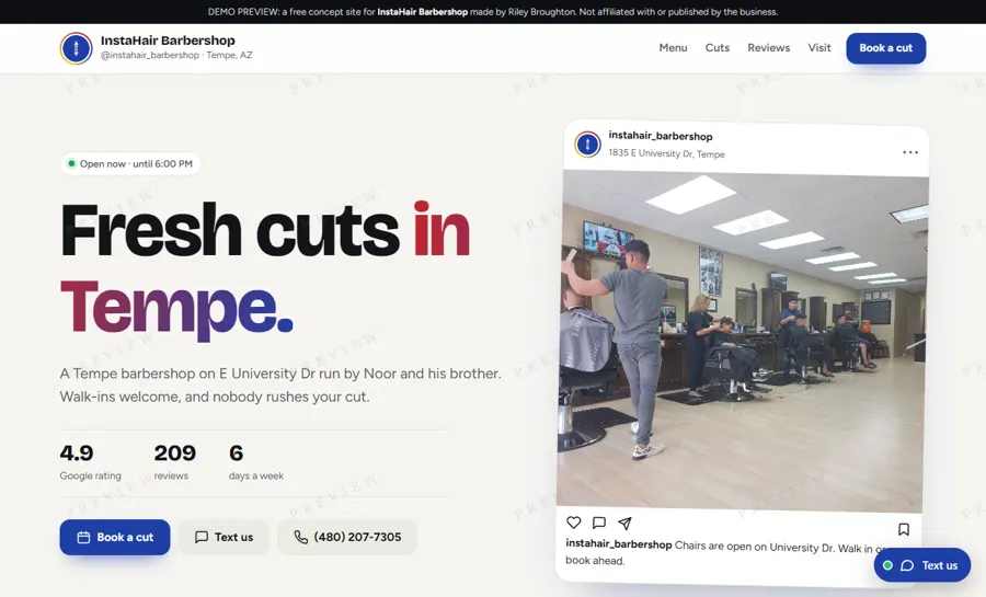 InstaHair Barbershop desktop view