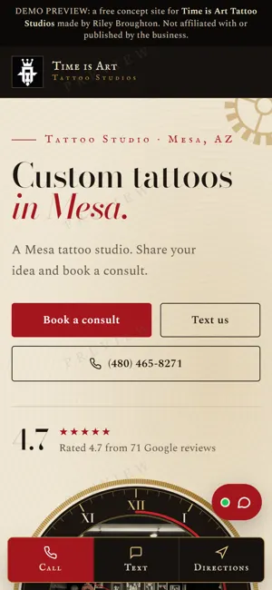 Time is Art Tattoo Studios phone view